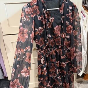 Sheer Black Floral Tiered Midi Dress with Mauve Flowers